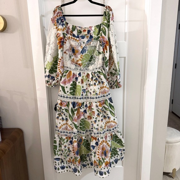 FARM Rio Dresses & Skirts - Farm Rio Summer Garden Embroidered Cotton Midi Dress Square Neck Lace Boho